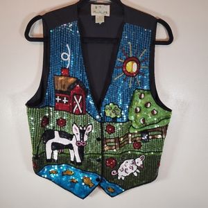 The Quacker Factory Sequin Farm Animal Barnyard Vest Medium QVC